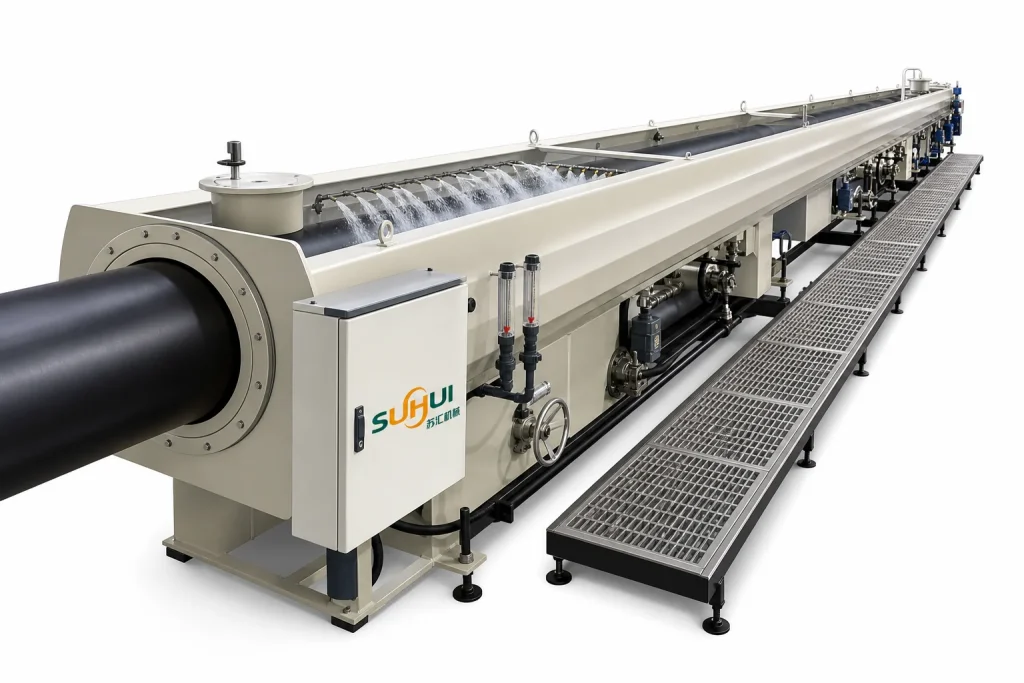 HDPE pipe cooling tank with water spray cooling section flow meters walkway and pipe support adjusting system