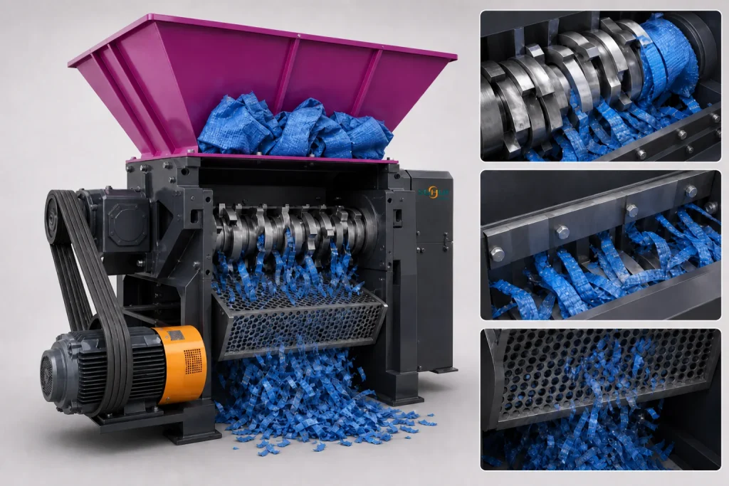 Jumbo bag shredder cutting chamber detail with anti-winding rotor blades bottom screen and blue PP strips