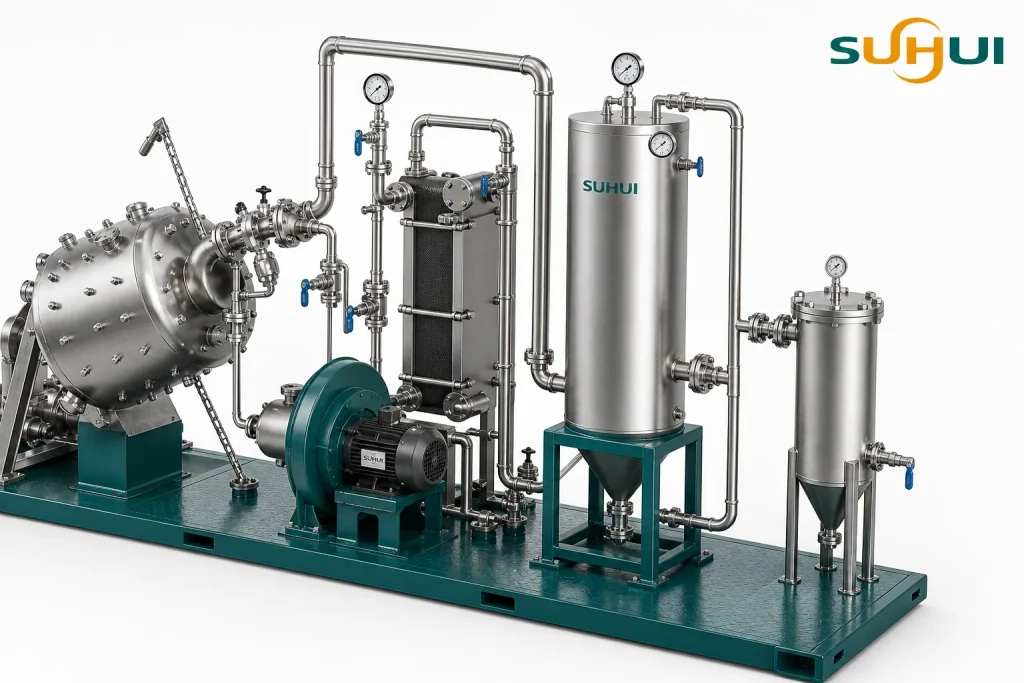 PET SSP nitrogen circulation unit with blower heat exchanger purification column gauges valves and stainless steel piping