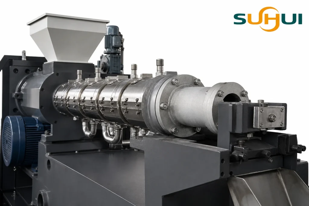 Squeezing screw and dewatering barrel detail for wet plastic film pelletizing