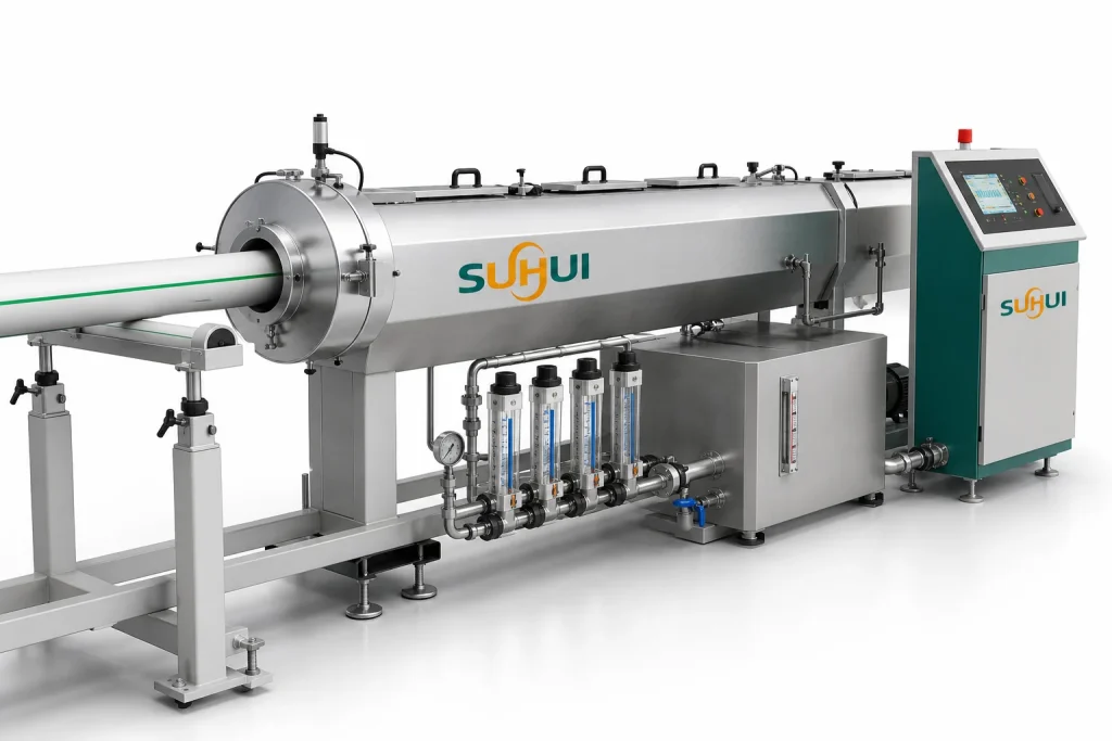 PPR pipe vacuum sizing and cooling tank with green pipe calibration sleeve flow meters water level control and pipe support