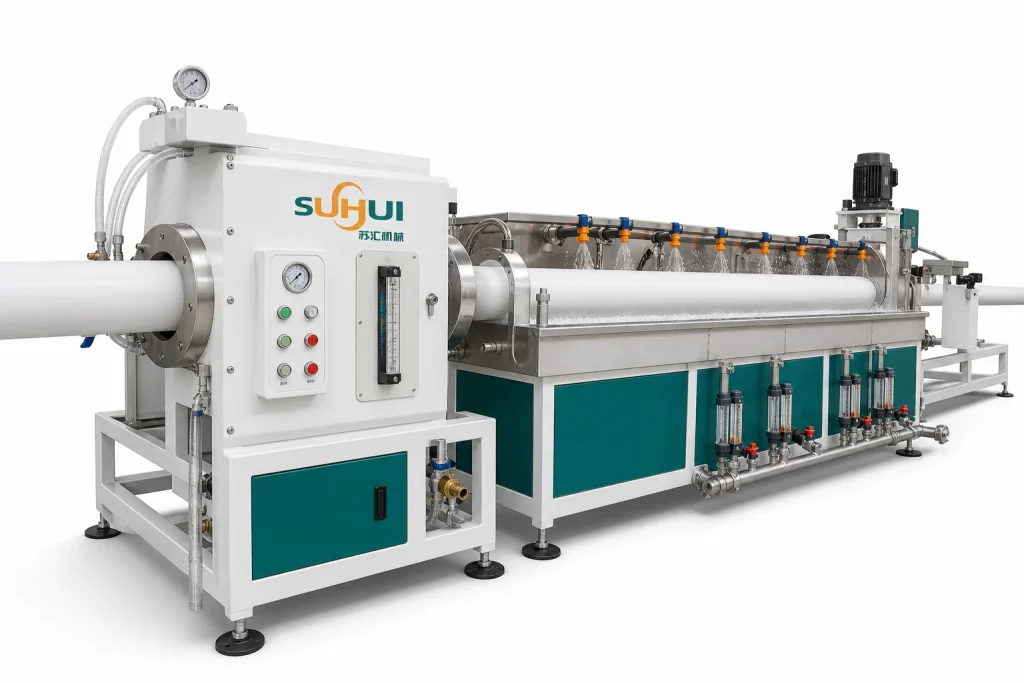 PVC pipe vacuum calibration and cooling tank with white pipe calibration sleeve water spray cooling flow meters and pipe support