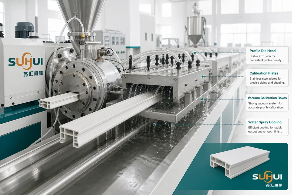 PVC profile die and vacuum calibration table shaping white PVC window profiles with water cooling