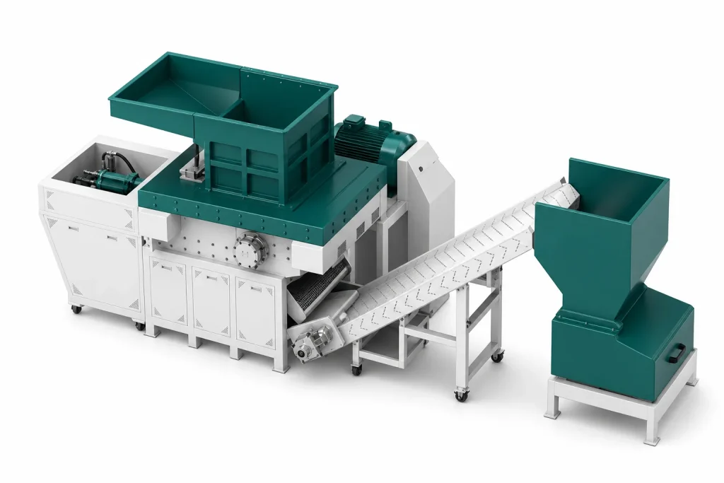 Single shaft shredder layout view with hopper rotor chamber side motor screen area and conveyor