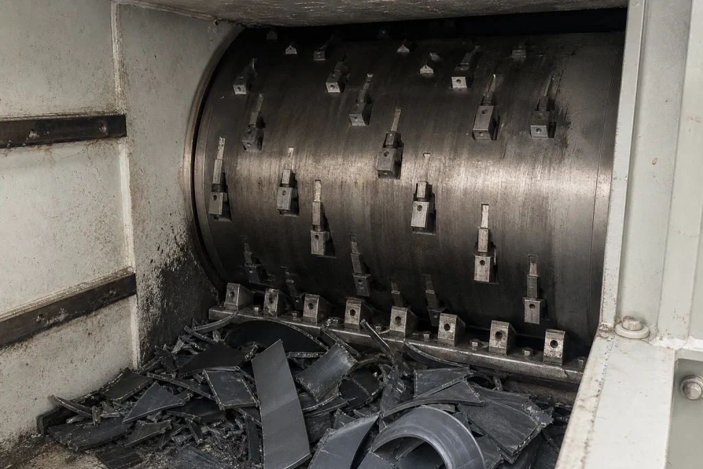 Inside HDPE pipe shredder cutting chamber with heavy duty rotor blades counter blades and shredded pipe fragments