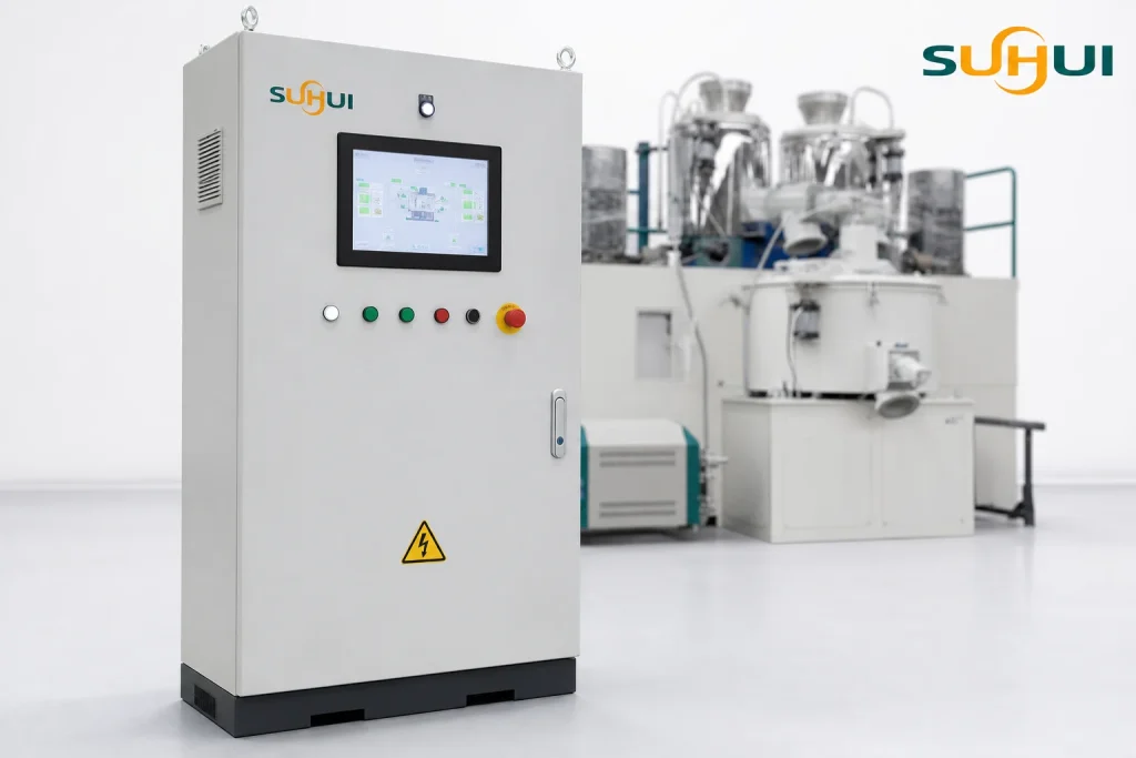 High speed mixer PLC control panel with touchscreen HMI buttons emergency stop and mixer equipment background