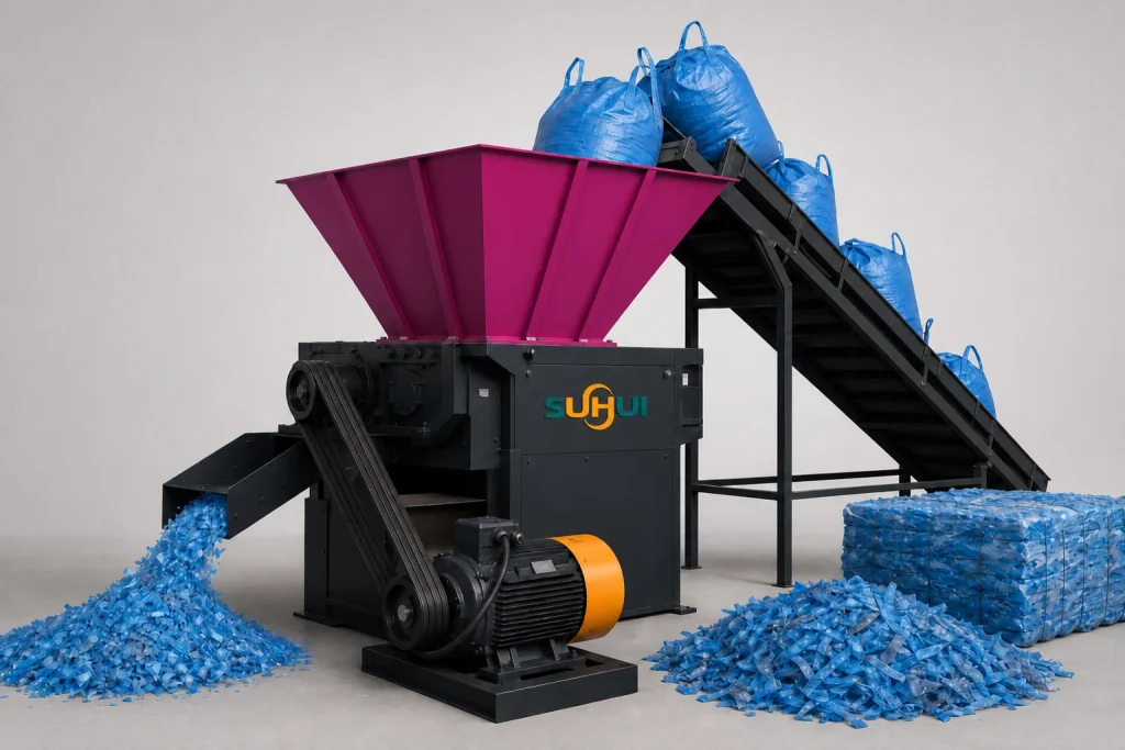 Jumbo bag shredder with whole FIBC bulk bags input and blue PP strips and flakes output