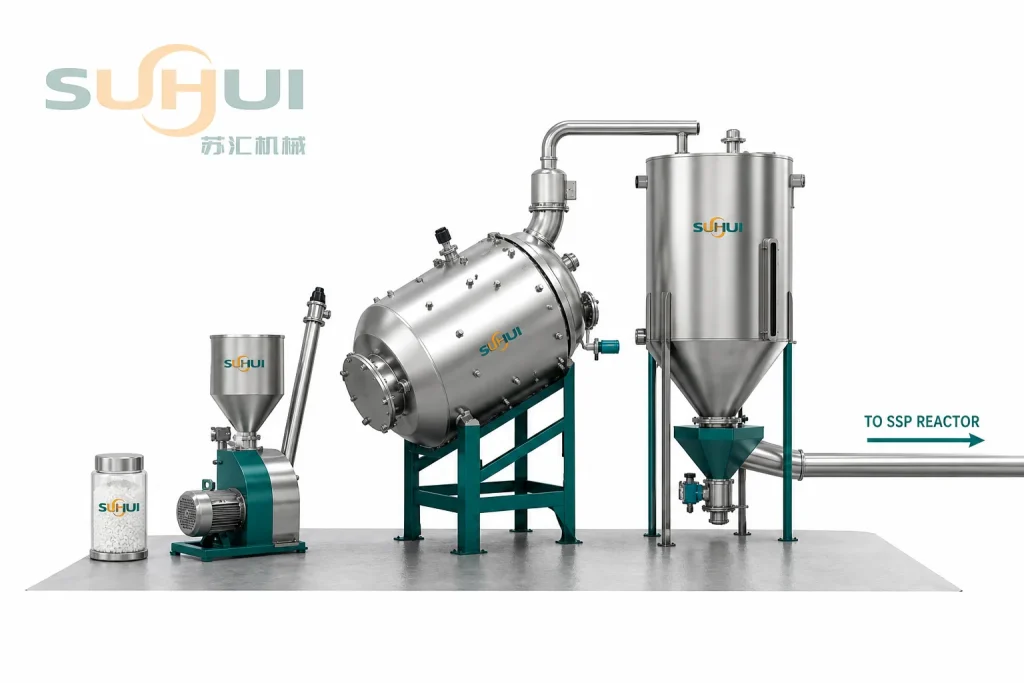 PET SSP pre-drying and pre-crystallization section with dryer hopper crystallizer vessel feeder PET chips and transfer pipe