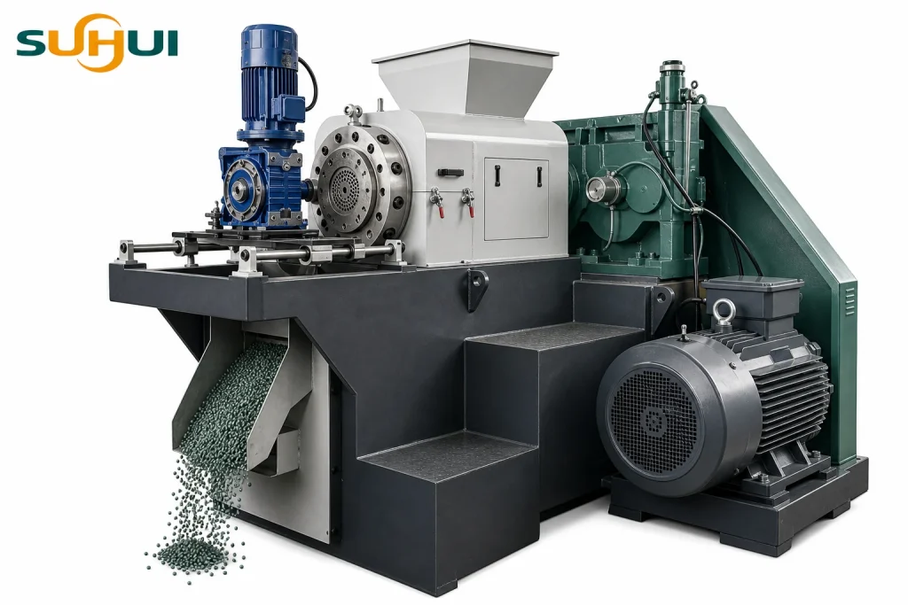 Die face pelletizing unit on plastic film squeezer granulating machine