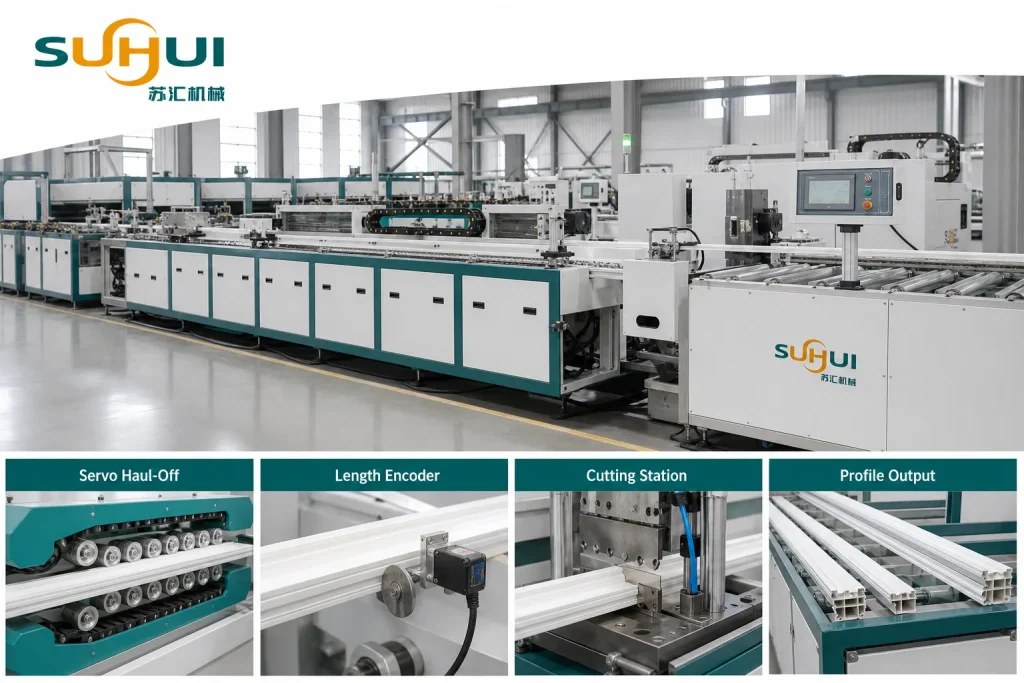 PVC profile extrusion line servo haul off length encoder cutting station and profile output table