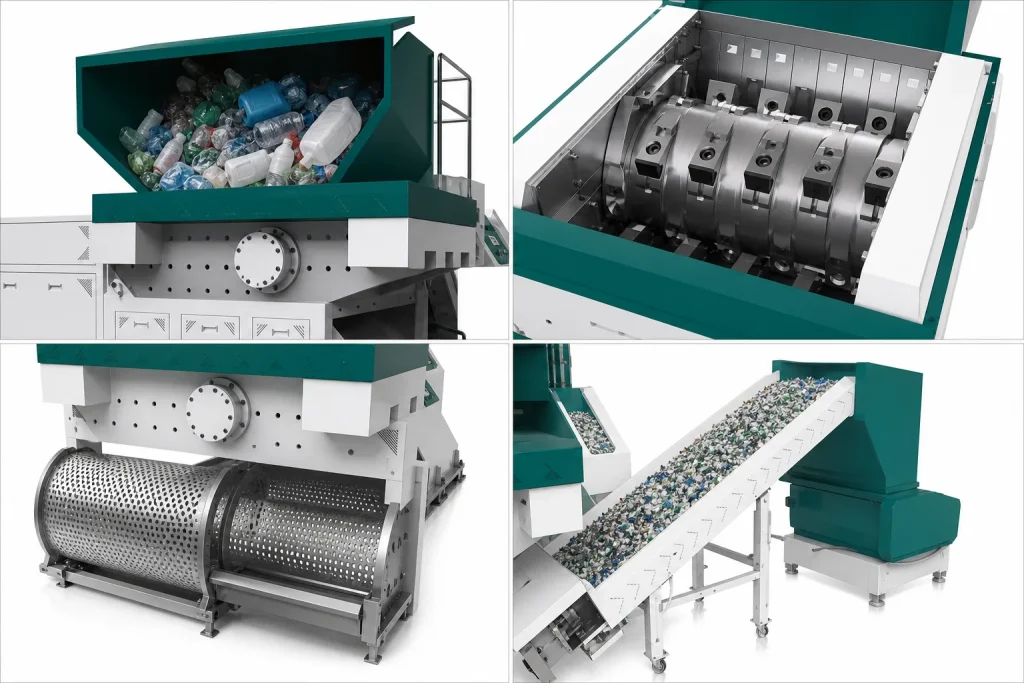 Single shaft shredder detail views of hopper rotor blades screen basket and discharge conveyor