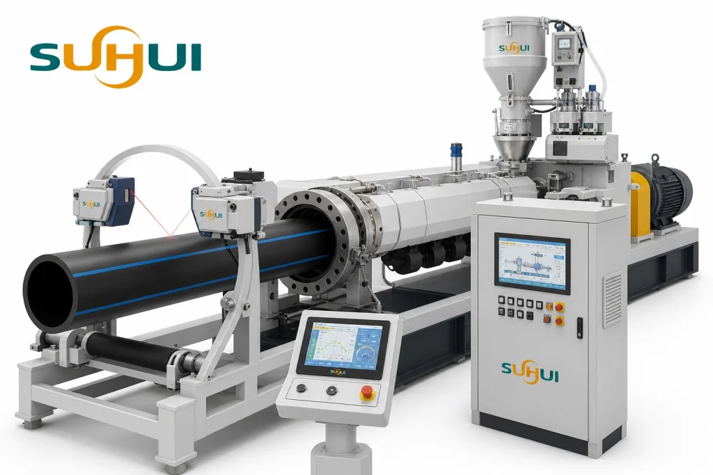 HDPE pipe online laser gauging and automatic control with measuring frame extruder control cabinet and HMI panel