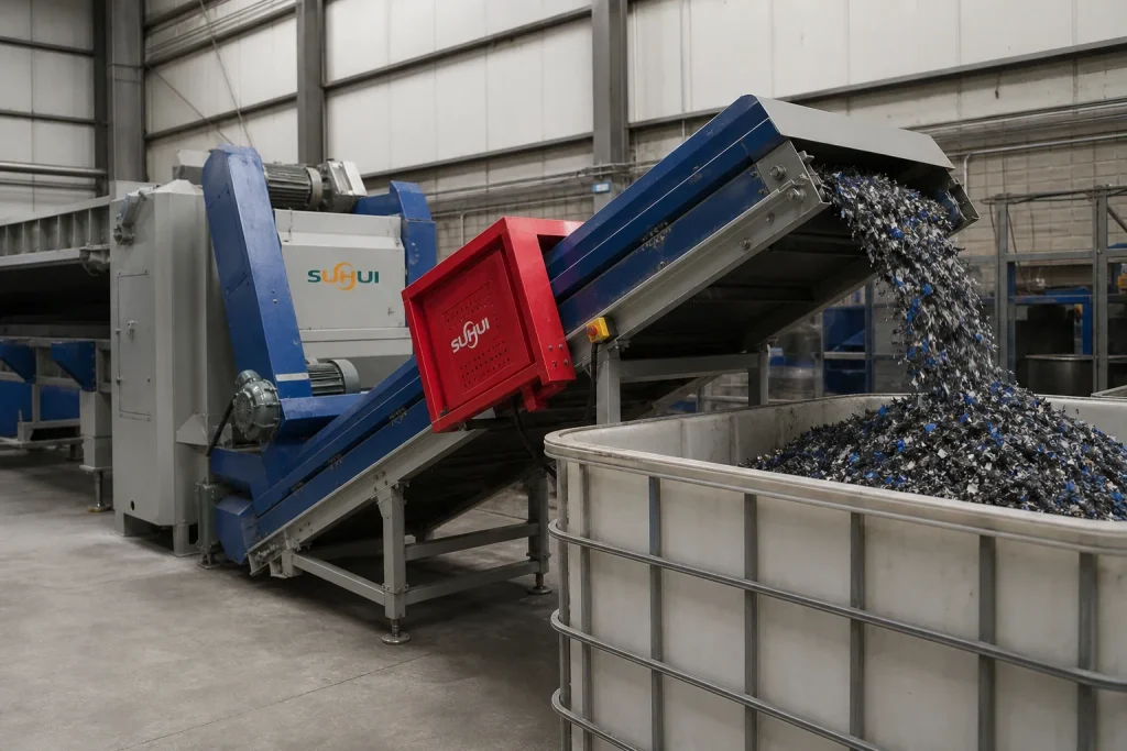 HDPE pipe shredder discharge conveyor carrying shredded HDPE chunks into a collection bin