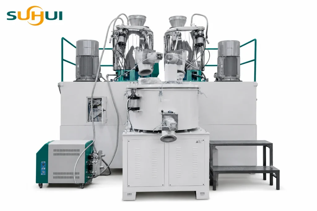 Higher speed mixer hot cold system layout with hot mixer cooling mixer hoppers motors platform and discharge section
