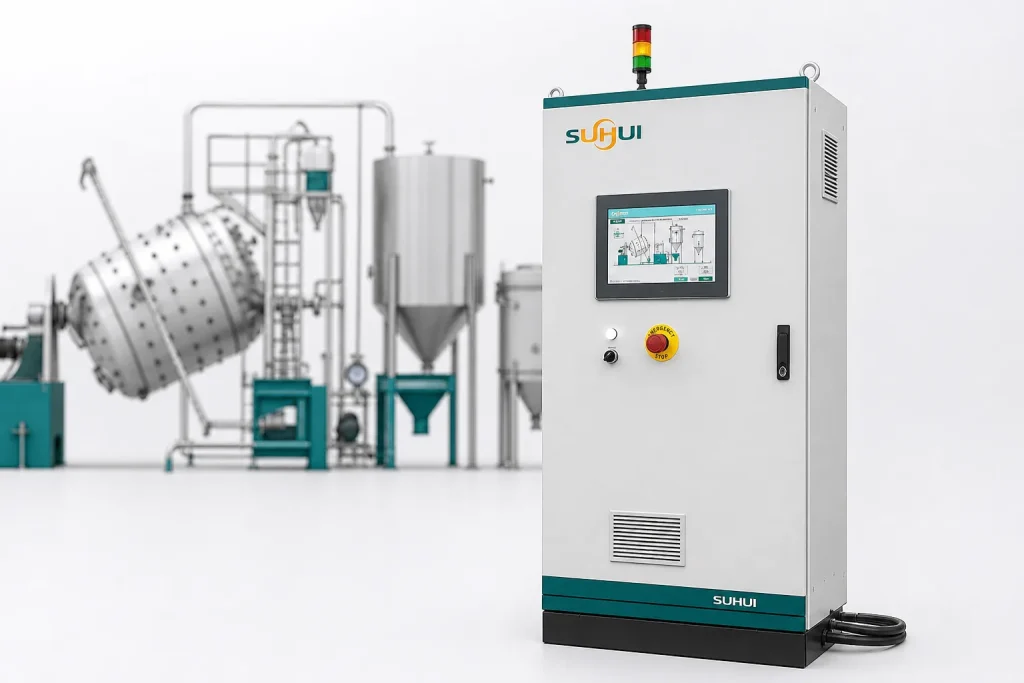 PET solid state polymerization system PLC control cabinet with touchscreen HMI emergency stop and equipment line background