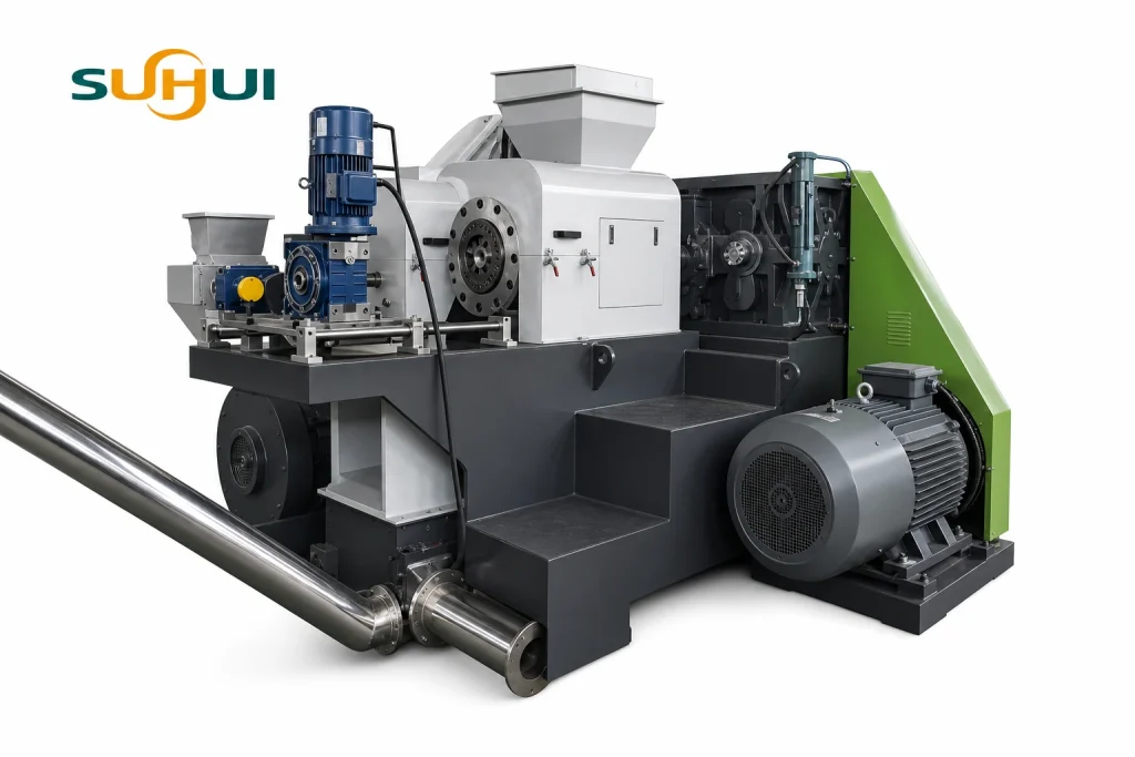 Drive motor and compact layout of plastic film squeezer granulating machine
