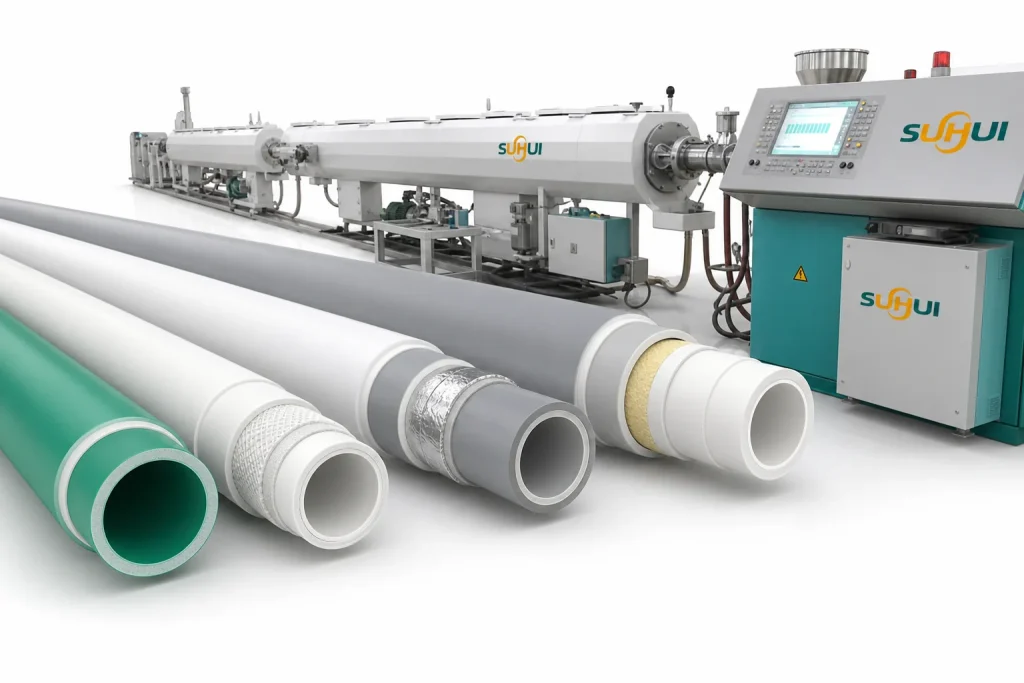 PPR pipe extrusion line with multi layer pipe output showing glass fiber reinforced PPR aluminum foil barrier PPR and insulated composite pipe cutaway sections