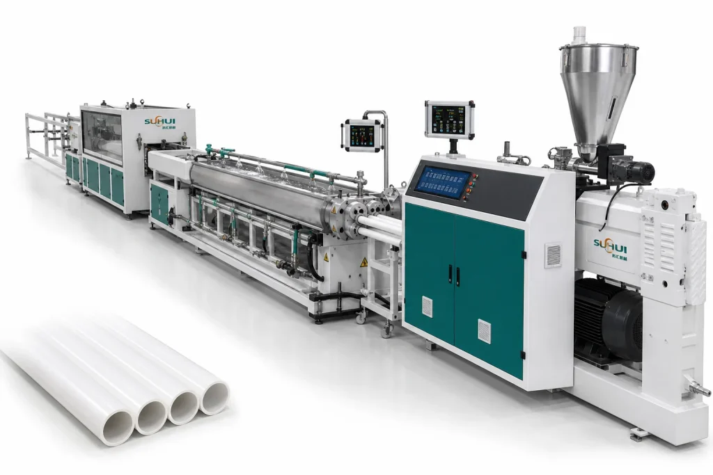 PVC pipe extrusion line with dual or four cavity die producing multiple small diameter white PVC pipes at the same time