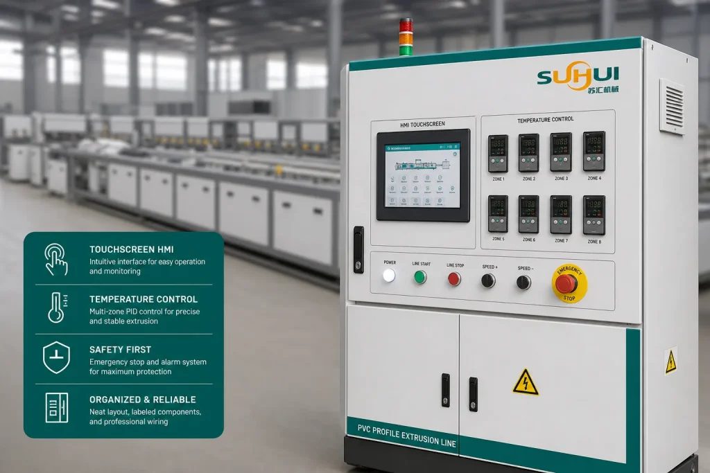 PVC profile extrusion line PLC control cabinet with HMI temperature control and extrusion line background
