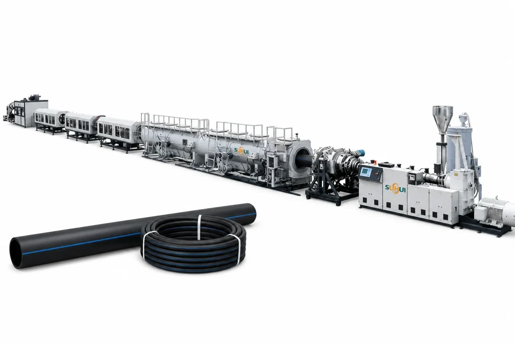 Complete HDPE pipe extrusion line with finished black HDPE pipe sections and coiled pipe output