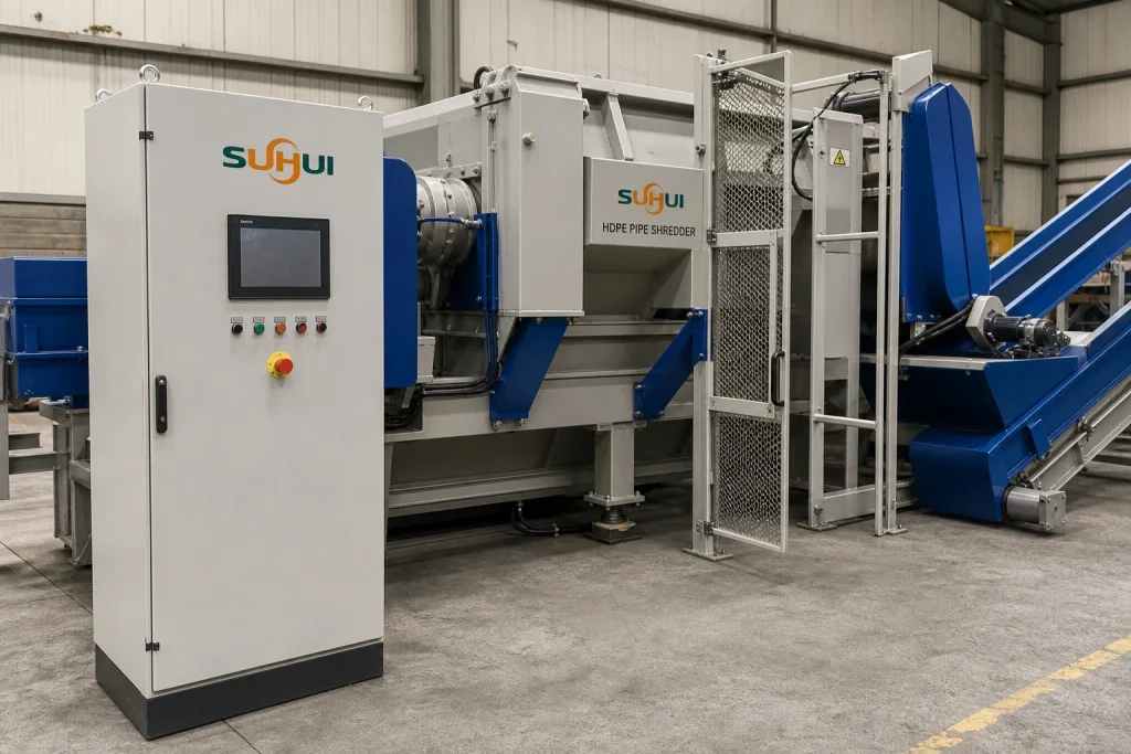 HDPE pipe shredder with PLC control panel service access doors safety guard and conveyor