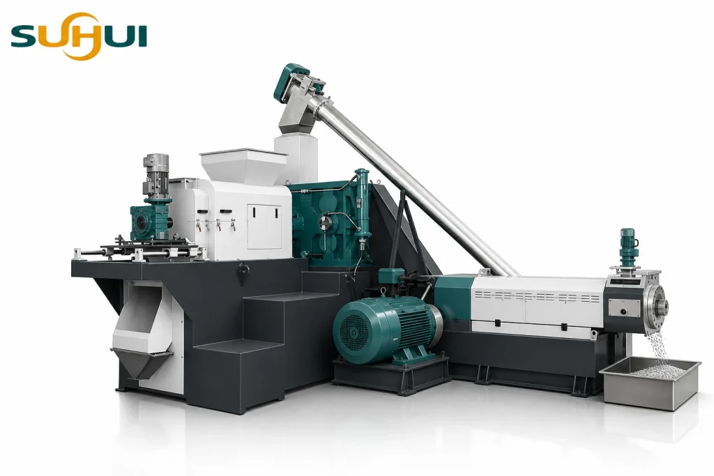 Complete SUHUI plastic film squeezer granulating system with conveyor extruder and pellet output