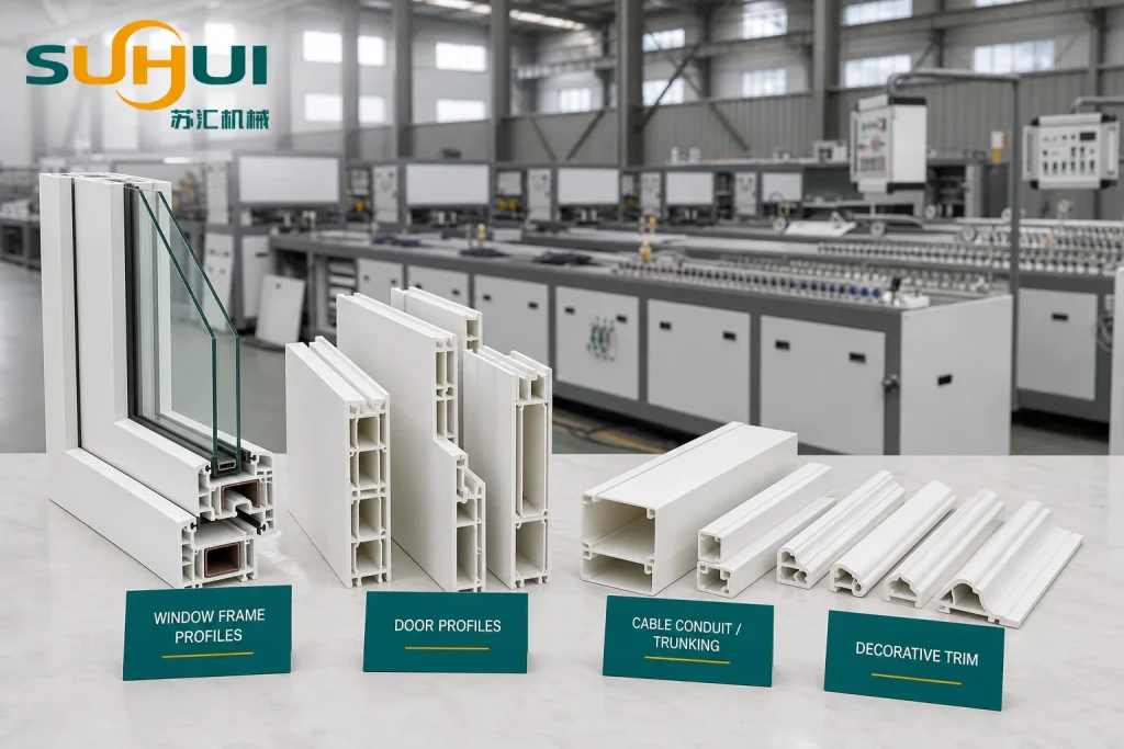 PVC profile output samples including window frame profiles door profiles cable conduit trunking and decorative trim