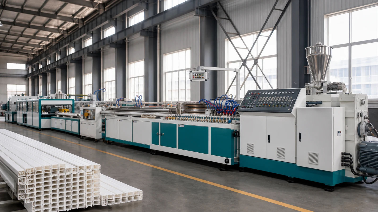 Plastic profile extrusion line