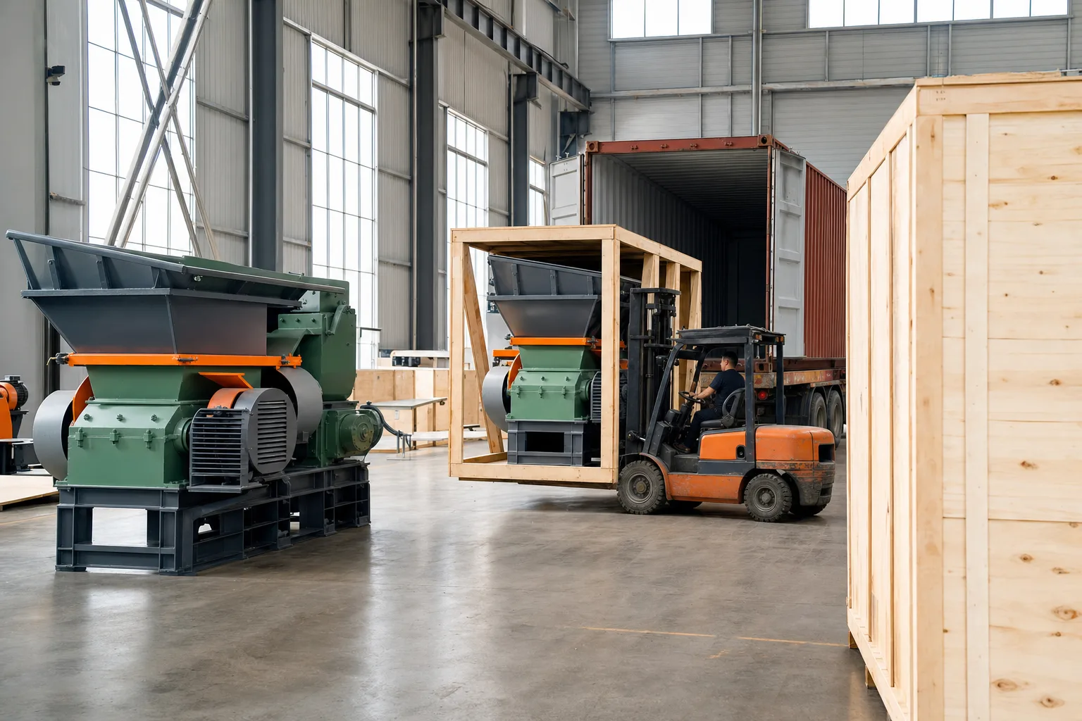 Plastic machinery export packing and container loading at SUHUI factory