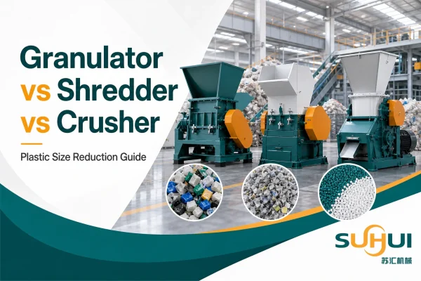 Plastic granulator vs shredder vs crusher blog cover for recycling size reduction equipment
