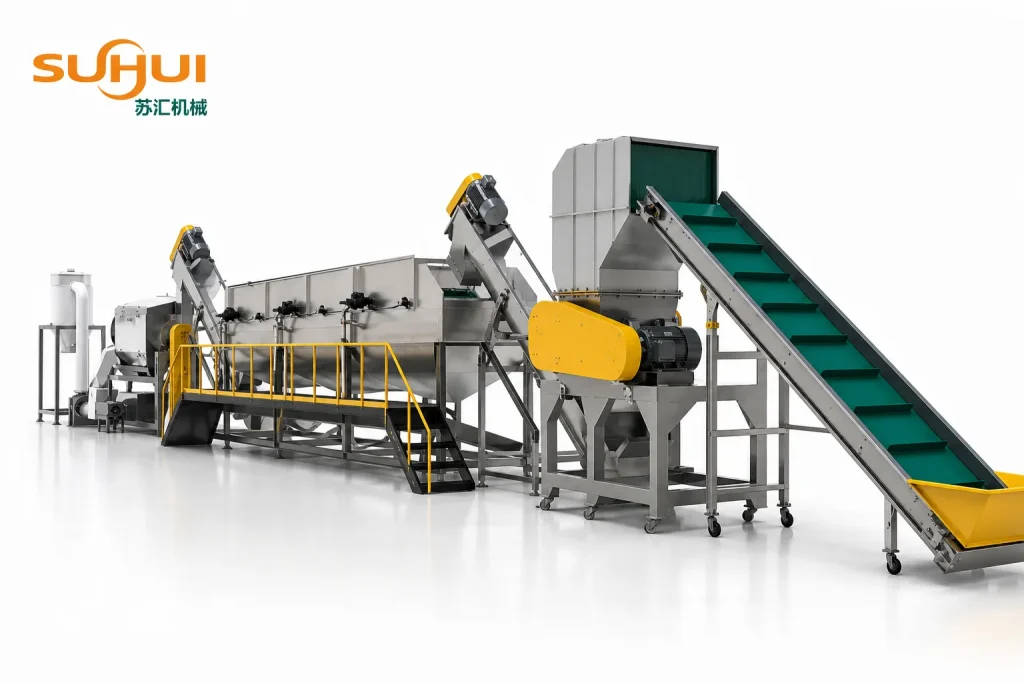 SUHUI PP PE film recycling washing line with belt conveyor crusher float sink separation tank friction washer and storage hopper