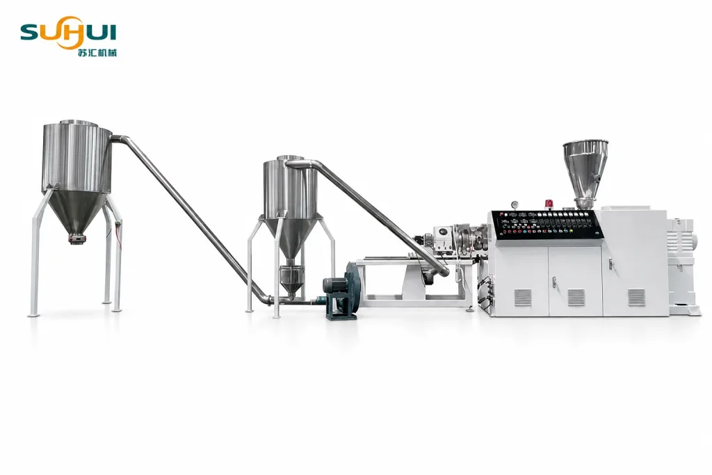 SUHUI PVC granulating pelletizing line complete system with twin screw extruder die face pelletizing and cyclone conveying