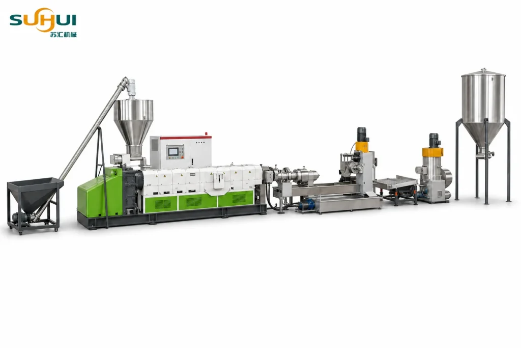 SUHUI rigid plastic granulating pelletizing line complete system with extruder melt filtration die face pelletizer cooling trough centrifugal dryer and pellet silo