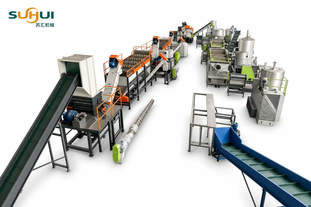 PP PE plastic film washing line full equipment layout with crusher friction washers float sink tank dewatering and drying system