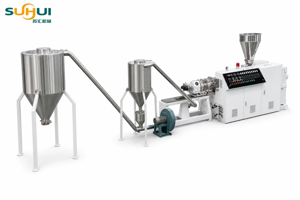 PVC granulating pelletizing line three quarter view showing extruder conveying fan cyclone separator and pellet discharge hopper
