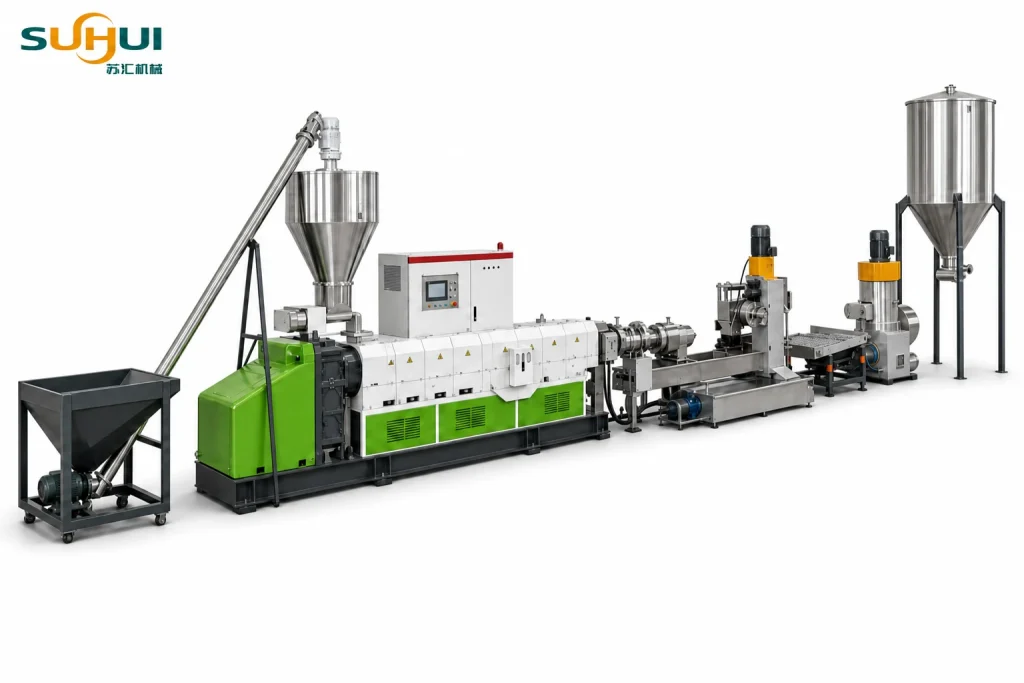 Rigid plastic pelletizing line three quarter view showing feed hopper screw conveyor extruder pelletizer dewatering screen and storage silo layout