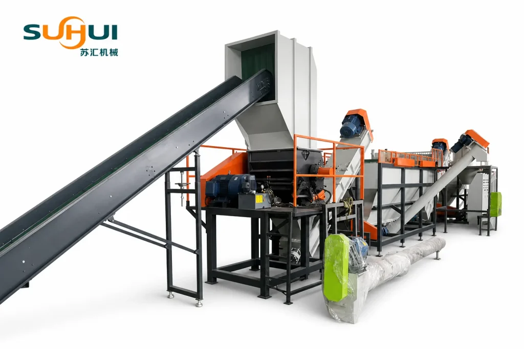 Anti-tangle plastic film crusher with inclined belt conveyor feeding on PP PE film washing line