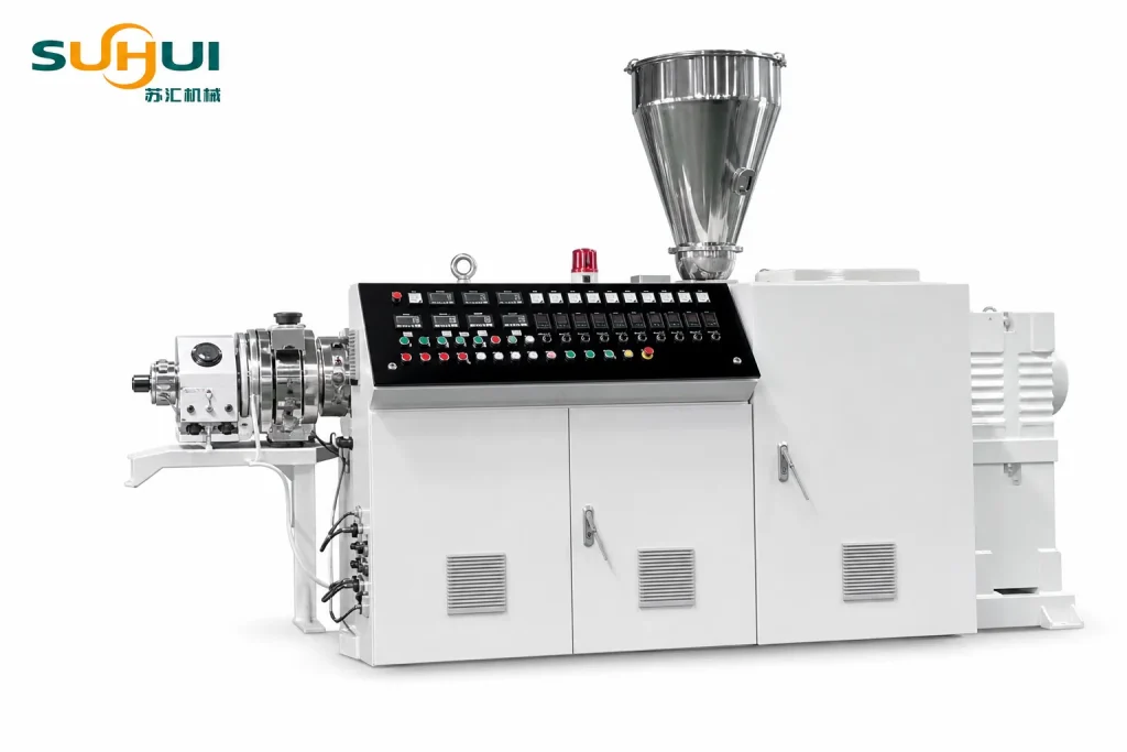 Twin screw extruder of PVC granulating pelletizing line with stainless steel feeding hopper and temperature control panel