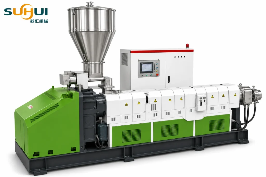Extruder of rigid plastic pelletizing line with stainless steel conical feeding hopper barrel heater covers and PLC control cabinet