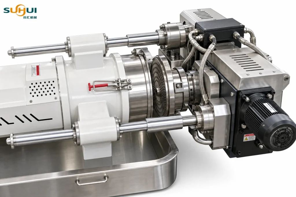 Die face pelletizing head with cutter drive motor and hydraulic screen changer for melt filtration on rigid plastic pelletizing line