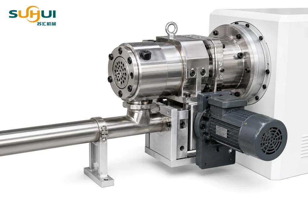 Die face pelletizing head of PVC granulating pelletizing line with cutter drive motor and pellet outlet duct