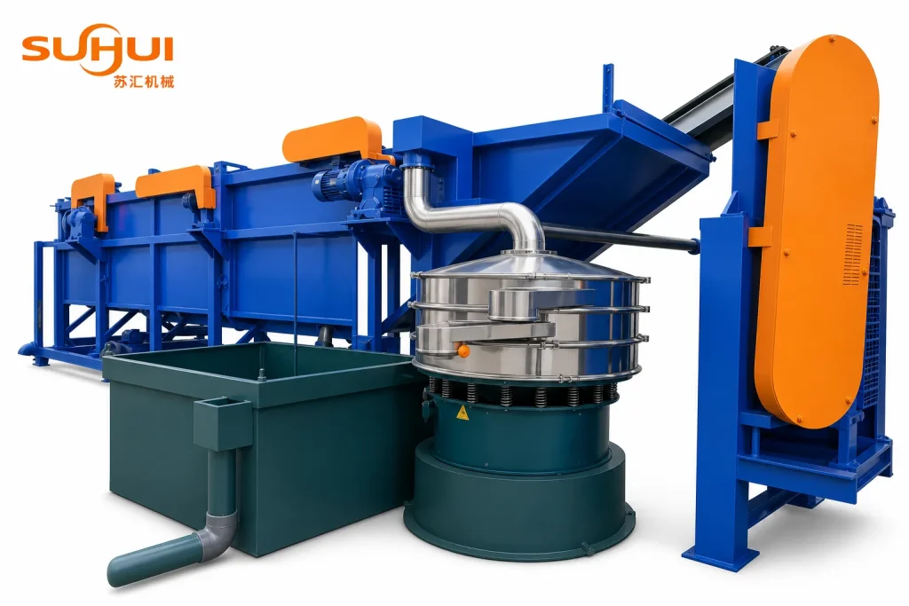Vertical centrifugal dewatering machine and round vibrating screen on PP PE film washing line