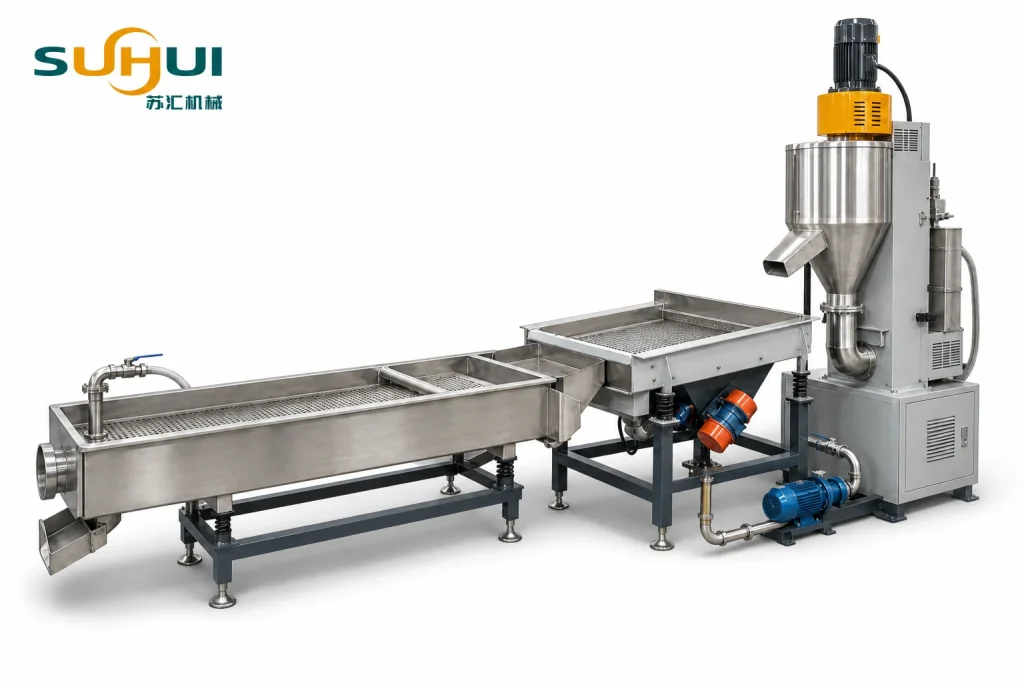 Stainless water cooling trough vibrating dewatering screen and centrifugal pellet dryer of rigid plastic pelletizing line