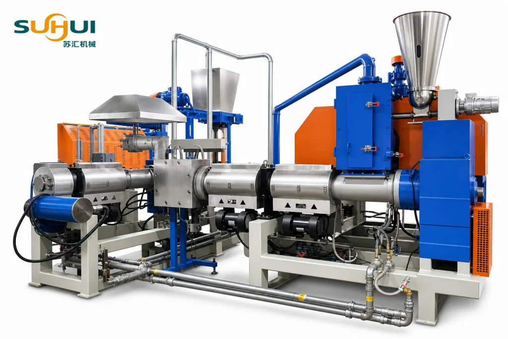 Film pelletizing extruder converting washed PP PE film flakes into recycled pellets downstream of washing line