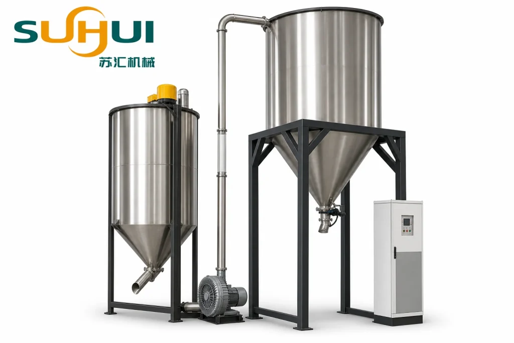 Stainless pellet storage silo and mixing silo with conical discharge on black steel frames with pneumatic conveying pipe and side channel blower