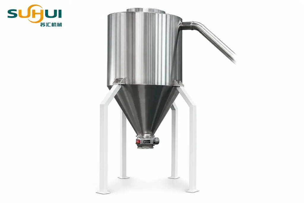 Stainless steel pellet discharge hopper of PVC granulating pelletizing line with bottom discharge airlock