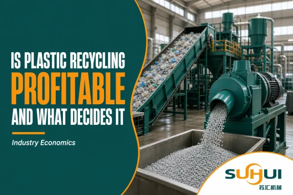 Is plastic recycling profitable blog cover showing feedstock cost output price and conversion cost against a recycling line