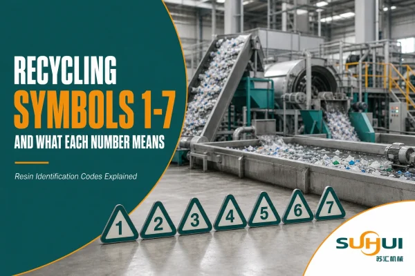 Recycling symbols 1-7 blog cover showing resin identification codes and industrial plastic sorting