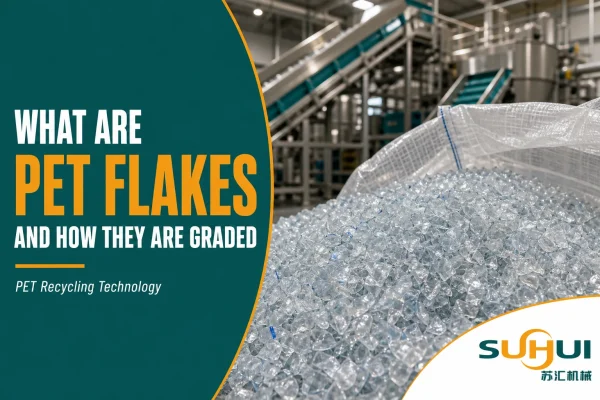 What are PET flakes blog cover showing washed PET bottle flakes and an industrial PET recycling washing line